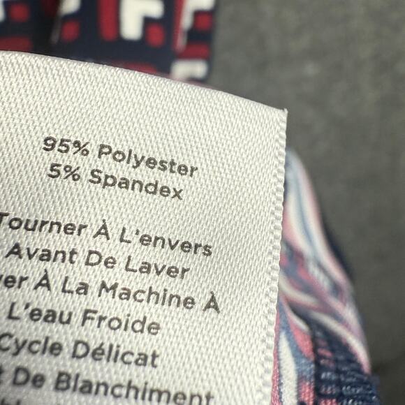 Talbots Petite Large Faux Wrap Dress Blue Red White Geometric Stripe 3/4 Sleeve - Picture 4 of 5